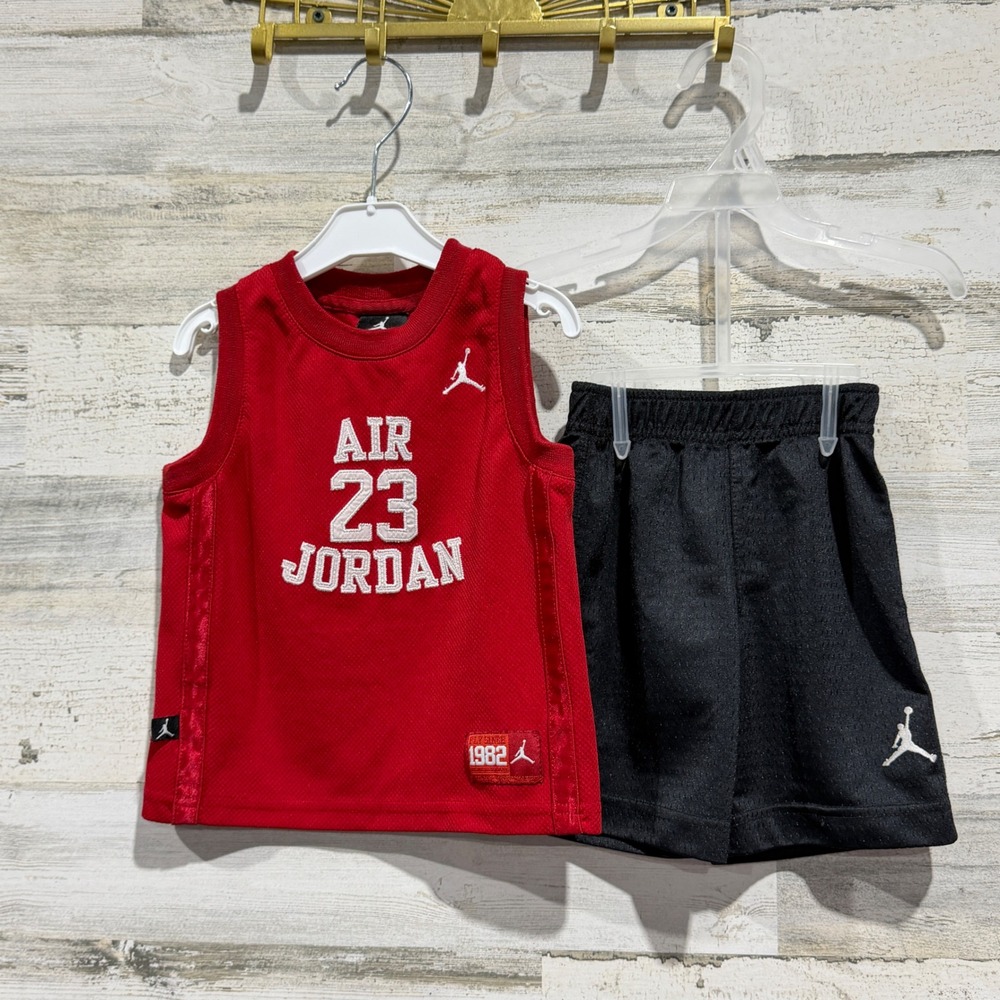Jordan 2-Piece Shorts Set Boys 2T Red Black Air 23 Mesh Jersey EUC